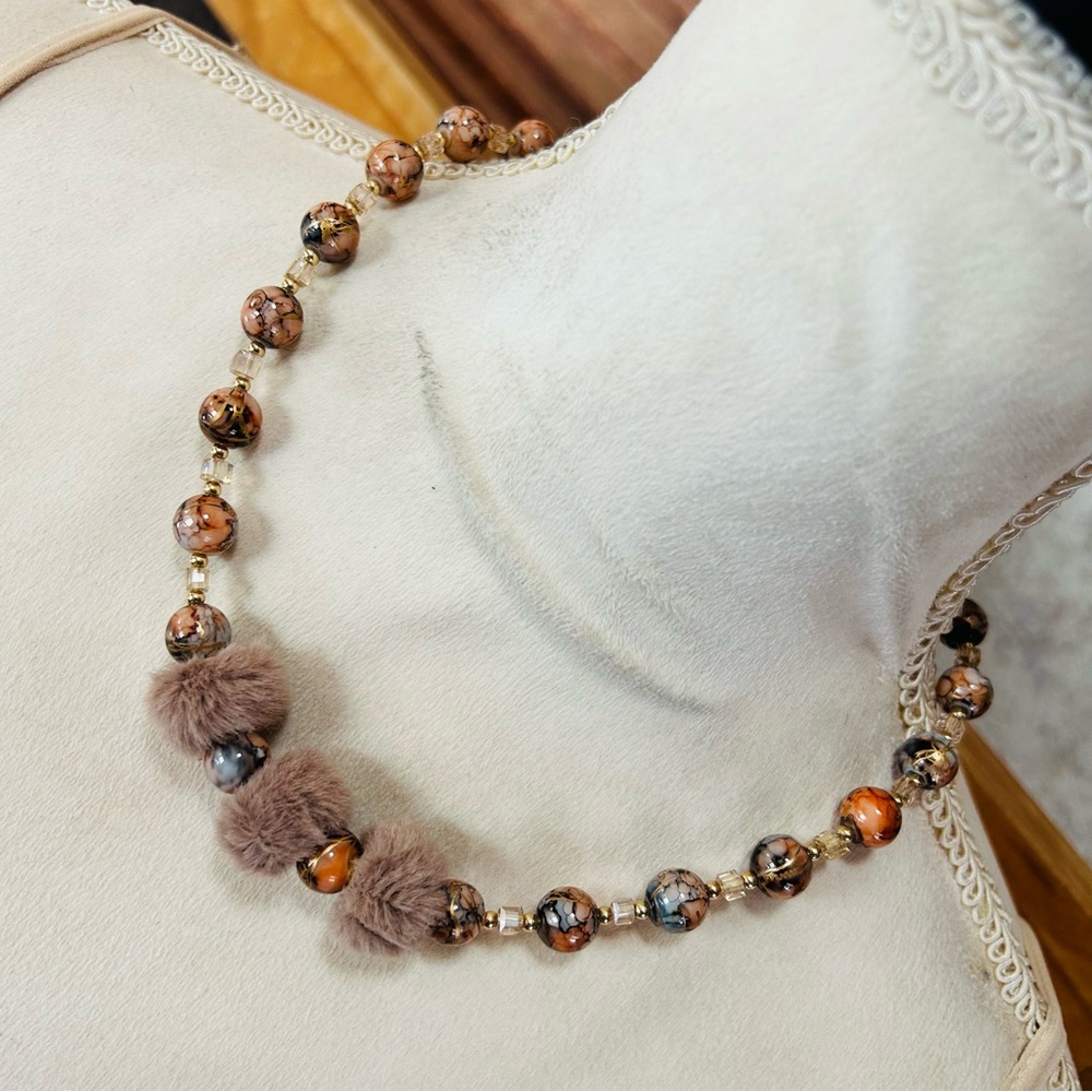 Handcrafted brown tone faux fur art glass bead necklace